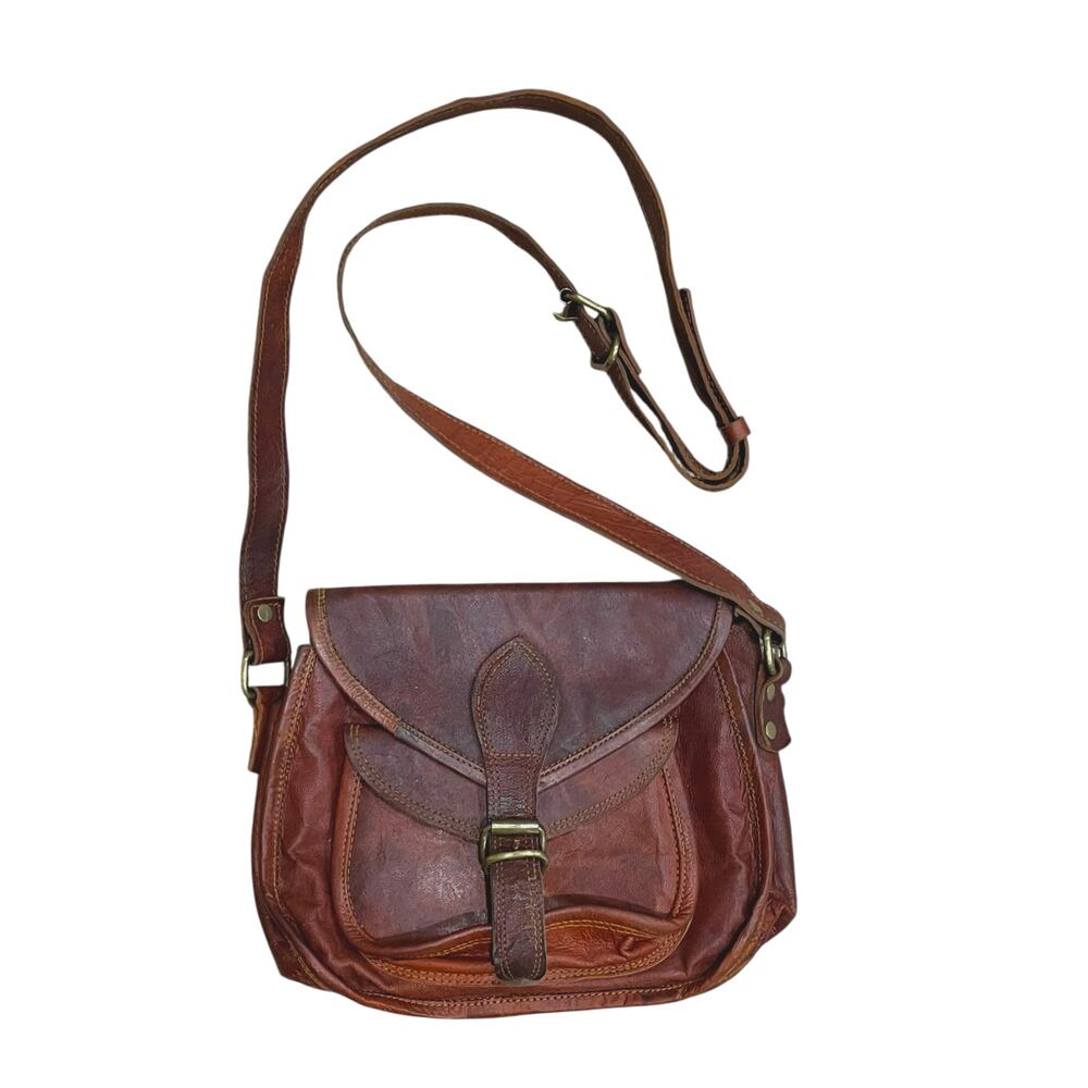Firu Brown Leather Crossbody Shoulder Saddle Bag Distressed Boho Hippie Vintage